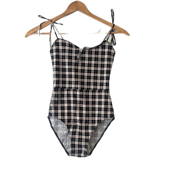 Reformation Swimsuit Maraca Black Plaid Tie Straps Parque $128 XS - Picture 2 of 7